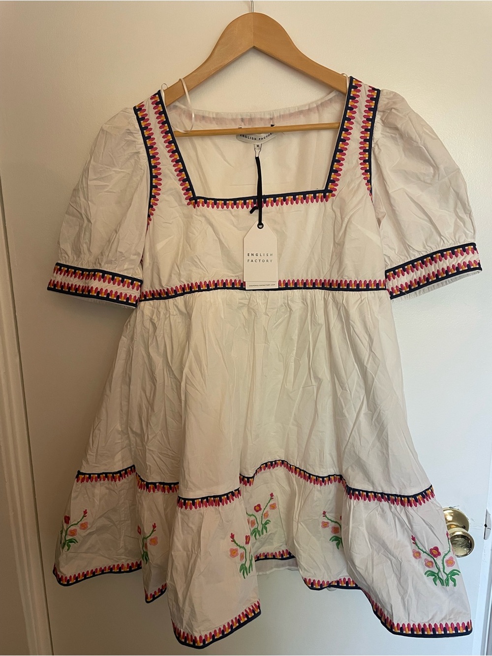 English Factory White Mini Dress with Multicolor Embroidered Trim
